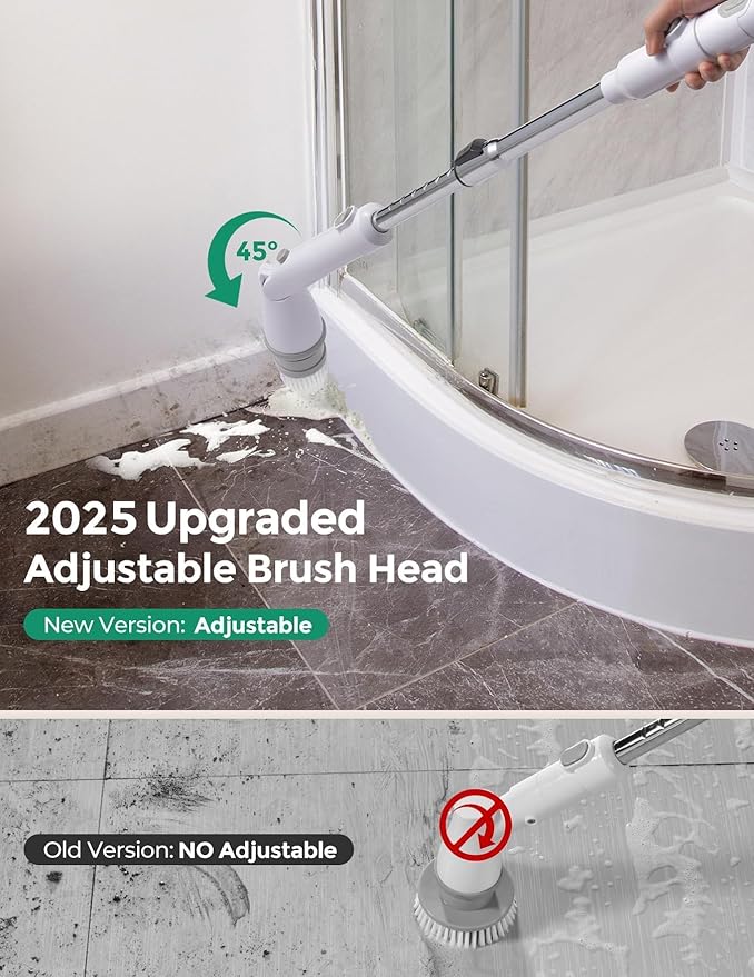 kHelfer Electric Spin Scrubber Cordless Shower Scrubber with Long Handle 8 Replacement Heads 1.5H Bathroom Scrubber Dual Speed Shower Cleaning Brush with Extension Arm for Bathtub Tile Floor