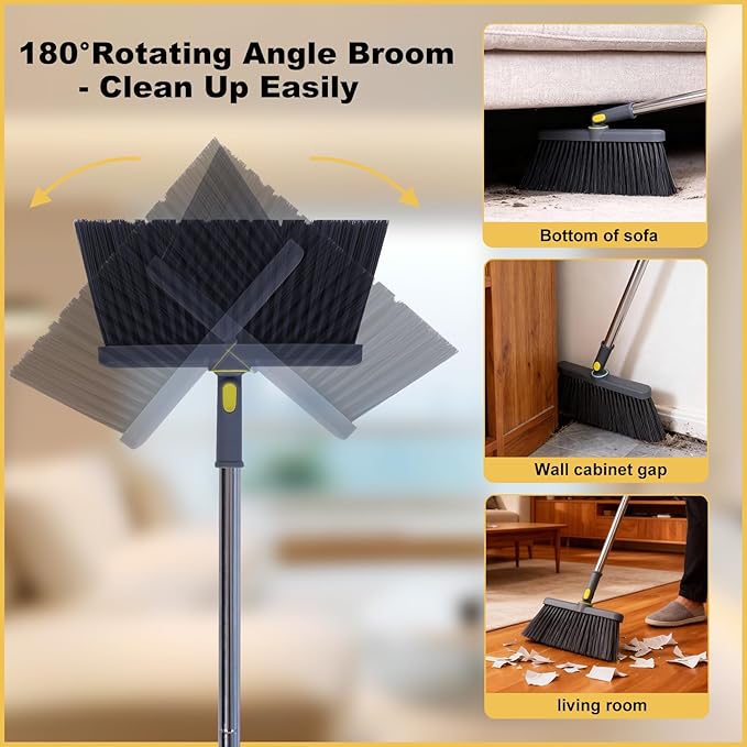 Heavy Duty Broom and Standing Dustpan Combo Set Rotatable Head Dust Pan and Brush Set with Collapsible Handle Cleaning Teeth Hanging Loop Ideal for Pets RV Kitchen Camping Outdoor Floor Gray