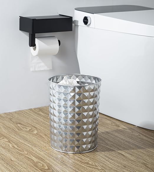 Small Round Metal Trash Can Wastebasket Decorative Diamond Pattern Garbage Can Waste Paper Bin Modern Farmhouse Round Trash Bin for Bathroom Bedroom Kitchen and Office (Silver)
