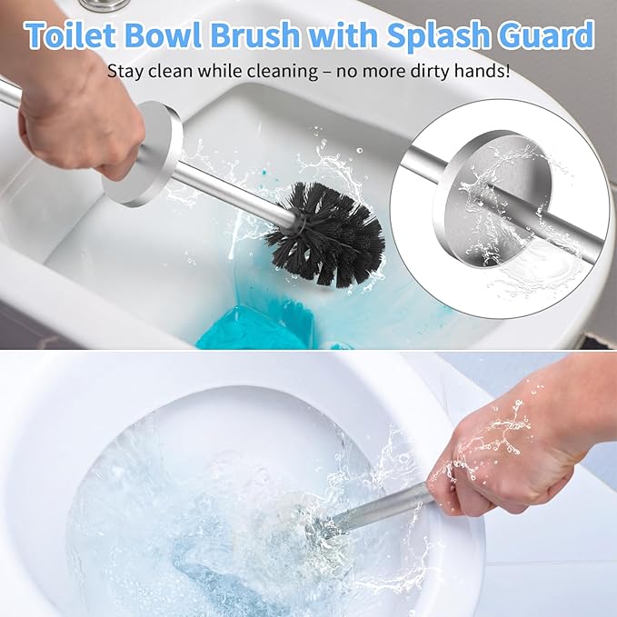Stainless Steel Toilet Brush and Holder Set Wall Mount Heavy Duty Toilet Bowl Brush Brushed Silver Toilet Bowl Brush Set with Long Handle for Bathroom and Farmhouse