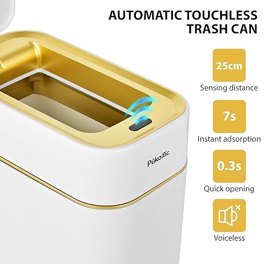 Pukomc 2.3 Gallon / 9L Automatic Adsorption Sensor Trash Can White Gold Motion Sensor Garbage Bin with Suction Slim Fashionable Design for Kitchen Bathroom Office &amp Small Space