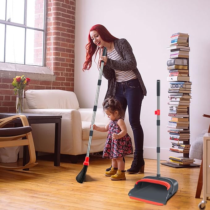 kelamayi Upgrade Broom and Dustpan Set Broom with Dustpan Combo Set Large Size and with Long Handle UprightIdeal for Indoor Outdoor Garage Kitchen Room Office Lobby Use (Black&ampRed)