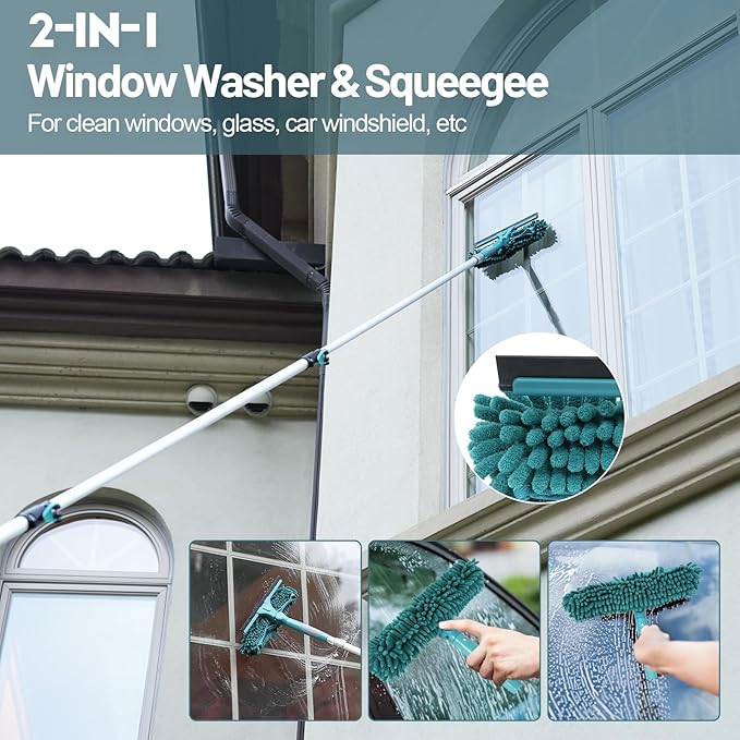 20 Foot High Reach Duster Kit with 5-12FT Extension Pole High Ceiling Dusting and Window Cleaning Kit with Telescopic Pole Window Washer&ampSqueegeeCobweb DusterFan Duster and Feather Duster