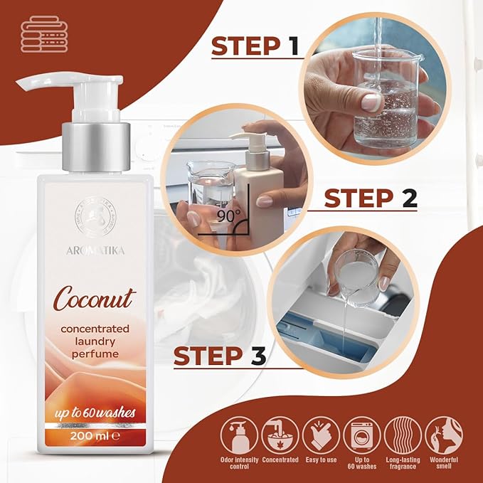 Concentrated Laundry Perfume Coconut 200ml - Liquid Perfume Laundry - Linen Freshener - Laundry Scent Booster - Washing Fragrance - Exotic and Long Lasting Scent - Cotton Perfume