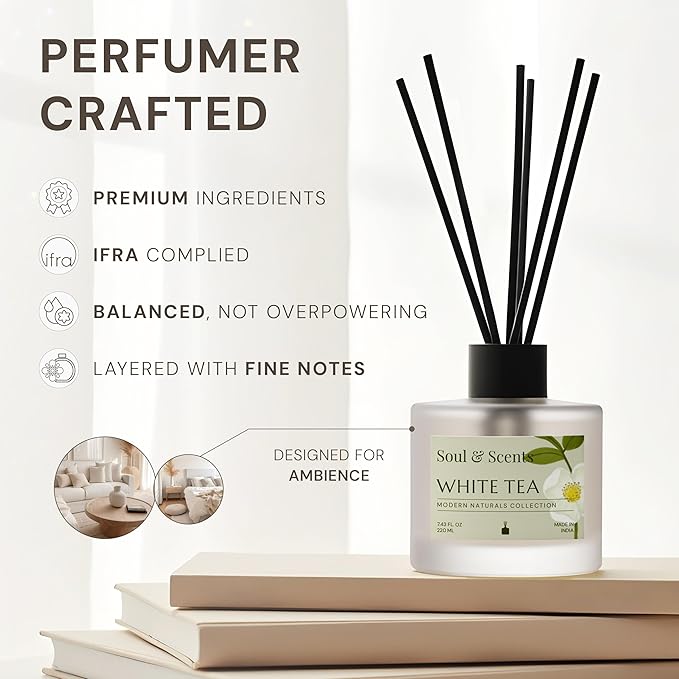Soul &amp Scents Reed Diffuser Set – White Tea | 7.43 oz Refillable Scented Oil with 6 Fiber Sticks | Long-Lasting Home Fragrance &amp Air Freshener for Bedroom Bathroom Office | Gift &amp Décor