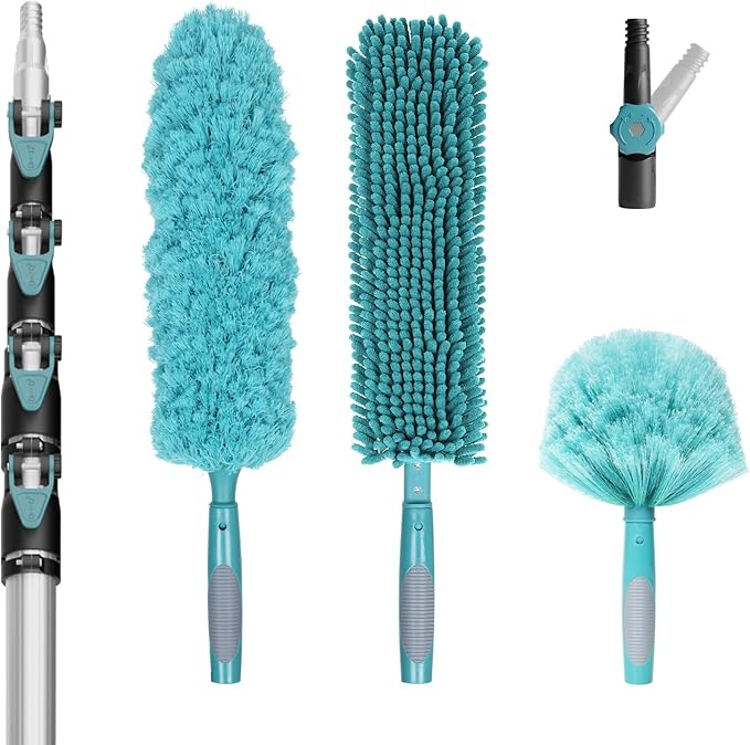 36 Foot High-Reach Duster Kit with 7-30FT Extendable Pole - High Ceiling Duster Cleaning Kit with Telescopic PoleCobweb Duster Chenille Ceiling Fan Duster Microfiber Feather Duster