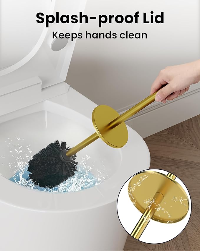 Toilet Brush and Holder Set Toilet Bowl Brush for Bathroom with Long Handle Stainless Steel Toilet Cleaner Brush with Durable Scrubbing BristlesSplash-Prooft (Brushed Gold)