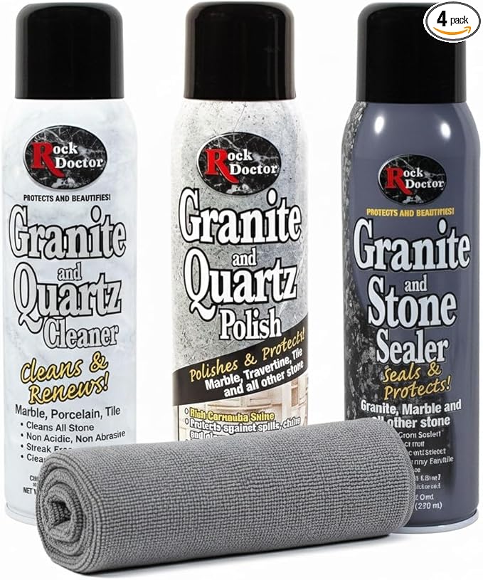 Rock Doctor Granite &amp Quartz Cleaner Care Kit 3 Piece Maintenance Stone Care Combo Kit – Cleans &amp Renews Marble Travertine Tile and All Other Stone Fresh With Microfiber Cloth
