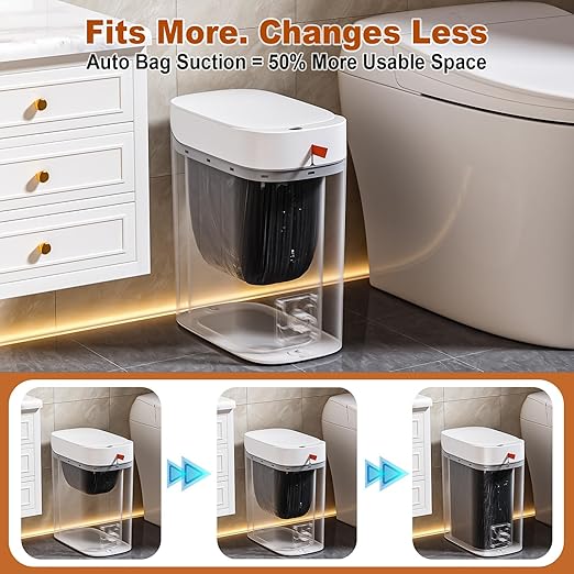 funest Bathroom Trash Can with Lid Automatic Motion Sensor Trash Can 3.5 Gallon Garbage Can Type-C Rechargeable Bag-Holding Design One-Pull Auto Packing Quiet-Close Hinge for Bedroom Office