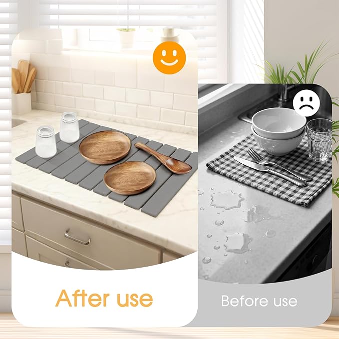 Large Stone Dish Drying Mat for Kitchen Counter 24×16 Collapsible Quick Dry Stone Mat Kitchen Non-Slip Ultra Absorbent Diatomaceous Earth Mats For Any Kitchen CounterBowl Plate Cup Dishes