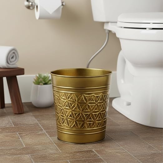 Autumn Alley Handcrafted Brass Bathroom Trash Can Round Open-Top Bathroom Wastebasket Stylish Metal Waste Bin for Home Office Bedroom Decorative Waste Basket Decor Coastal Trash Can Brass 2 Gal.