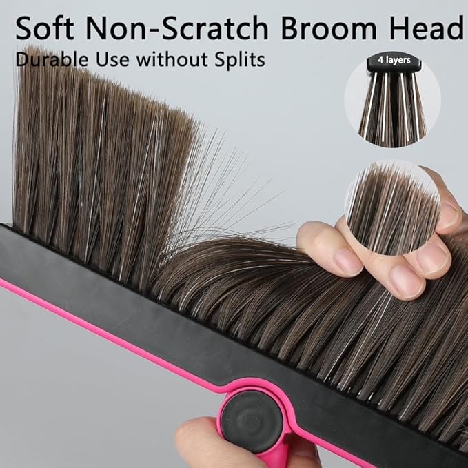 Triangular Indoor Broom and Dustpan Comb Set 180° Rotating Soft Bristle Long Handle Upright Sweeping Angled Broom with Self-Cleaning Teeth for Home Kitchen Office Wood Floor (Black Pink)
