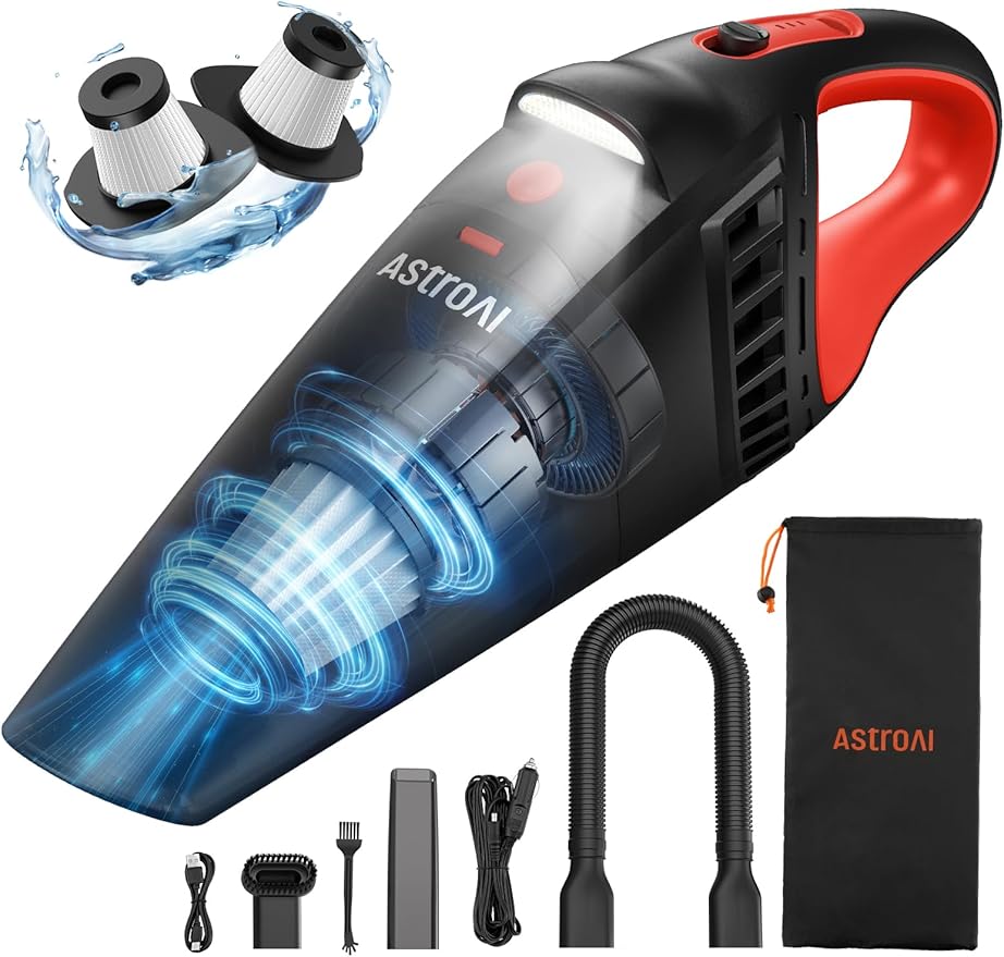 AstroAI Handheld Car Vacuum Cordless with Accessories Portable Vacuum Cleaner with 12V DC Power LED Light Brush Extended Suction Pipe Hose Mini Handheld for Car Home Office and Pet Hair Red