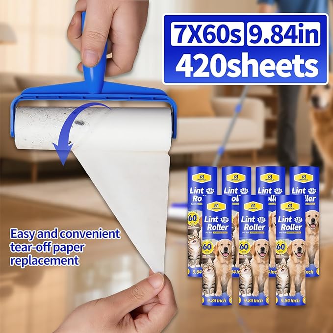 9.84 Large Extra Sticky Lint Roller 58.3 Long Handle Lint Remover with 7 Rollers for Clothes Cat Dog Pet Hair Furniture Couch Carpet FloorPainted Wall Cleaner Mop Dust Cleaning