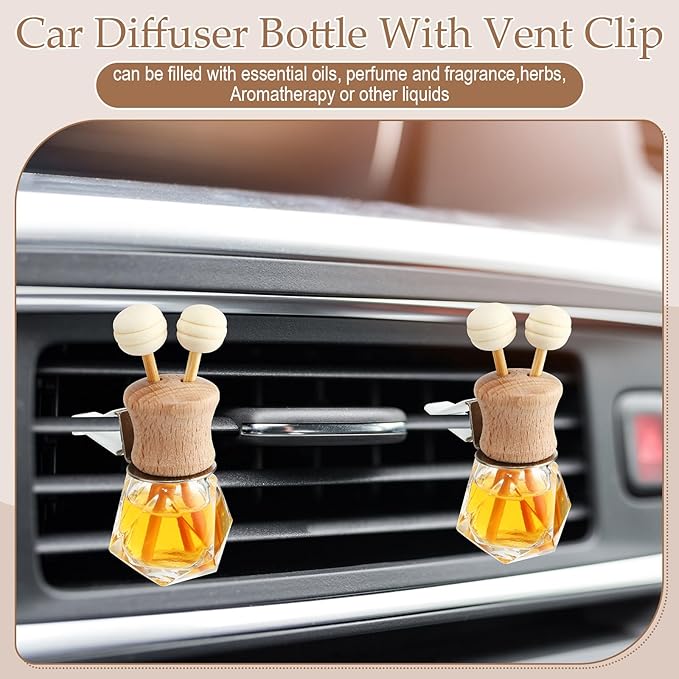 Zubebe 30 Pack 8 ml Diamond Essential Oil Diffuser Bottle Bulk Car Air Freshener Vent Clip Auto Perfume Vent Diffuser for Aromatherapy Fragrance Ornament Decor Glass Bottle with Wooden Caps Stick