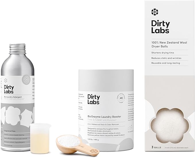 Dirty Labs | Gentle Starter Set | Free &amp Clear Detergent Laundry Booster &amp Dryer Balls | Hyper-Concentrated | High Efficiency &amp Standard Machine Washing | Nontoxic Biodegradable