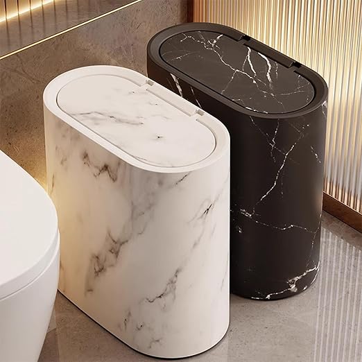 Waste Basket for Bathroom with Lids Plastic Marble Wood Pattern Trash Can Small Garbage Bin with Lid for Bathroom Narrow Waste Basket Modern Waste Basket for Home (Black-11.6 * 11.2'')