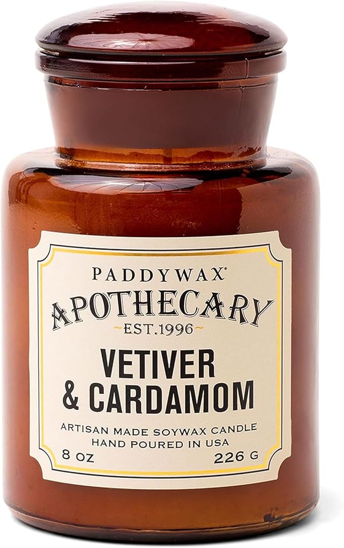 Paddywax Artisan Apothecary Scented Candle with Lid in Reusable Glass Jar Clean-Burn Soy Candle with Approx. 54 Hour Burn Time Vetiver &amp Cardamom 8 oz.
