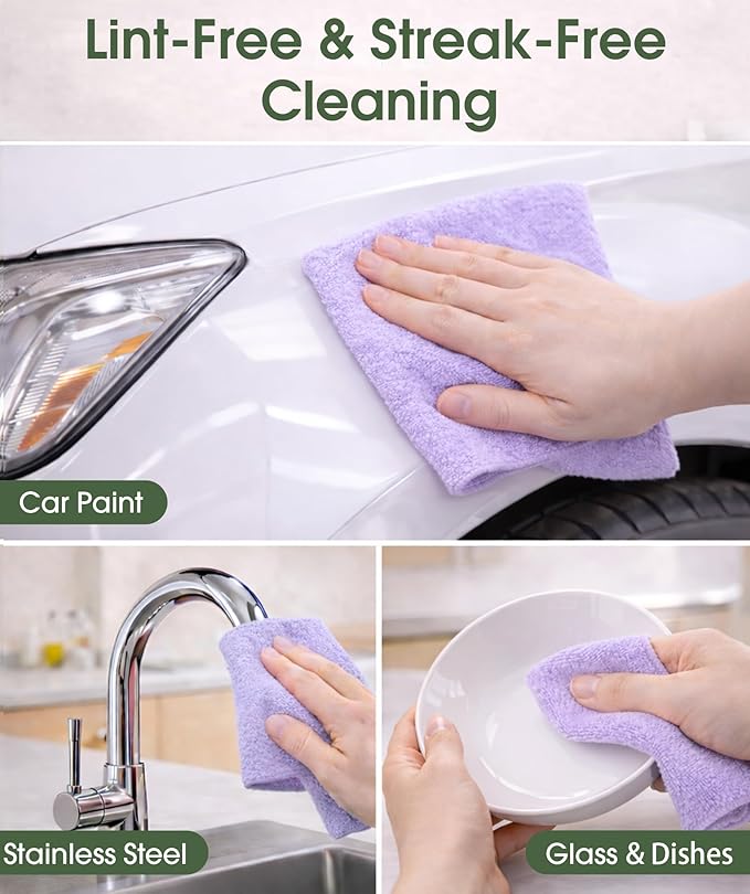 Microfiber Cleaning Cloth Roll - 100 Pack Tear Away Microfiber Paper Towels Reusable Washable Scratch-Free Kitchen Towels for Car Home Kitchen Glass Dishes (Light Purple)