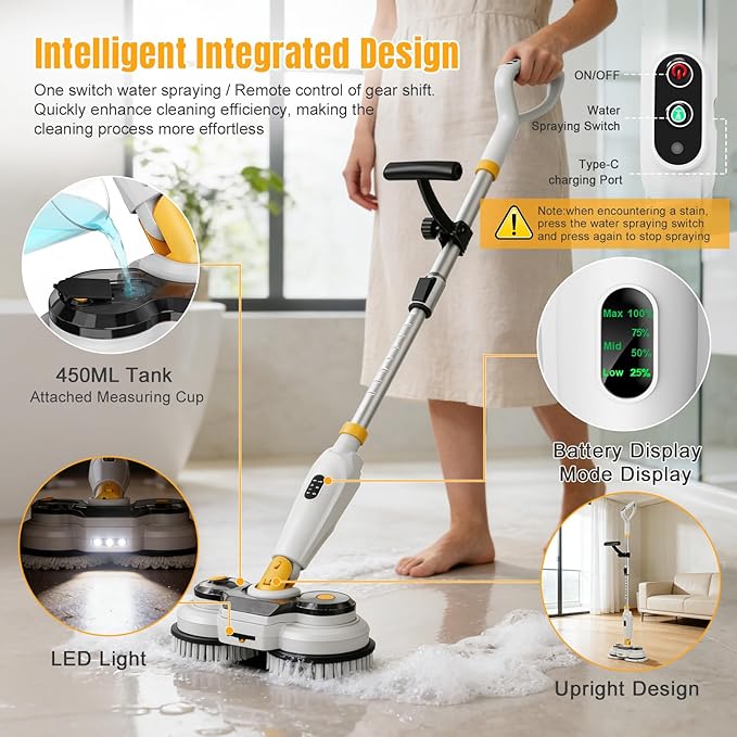Cordless Electric Mop for Dewalt 20V Battery (NO Battery) 2 in 1 Automatic Spin Mop &amp Electric Floor Scrubber Machine with LED Light &amp Water Spray 800 RPM Rotating Electric Mops for Floor Cl