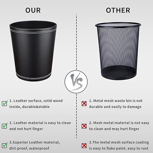 GORESE Pu Leather Trash Can 2.6 Gallon Black Bathroom Trash Can Small Office Garbage Can Wastebasket for Bedroom Kitchen Round Trash Bin Decorative Under-Sink/Desk/Home Easy to Clean