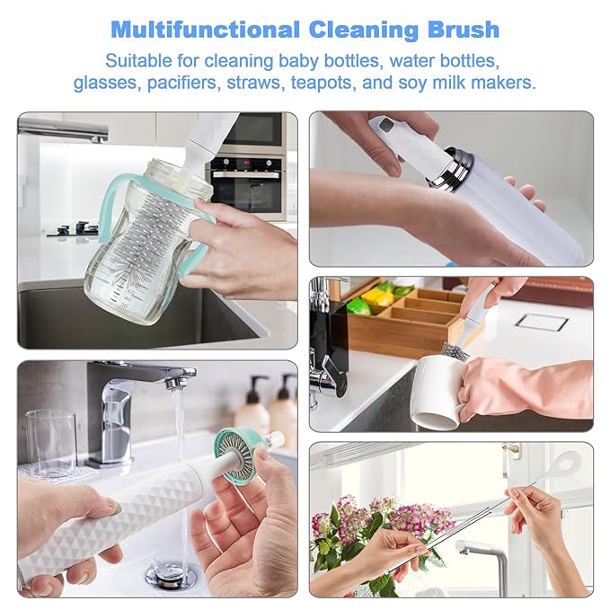 Rechargeable Electric Bottle Brush Cleaner Set with 3 Piece Silicone Baby Bottle Brush Cleaner and Straw Cleaner BrushBPA FreeWaterproofPerfect Baby Registry GiftWhite