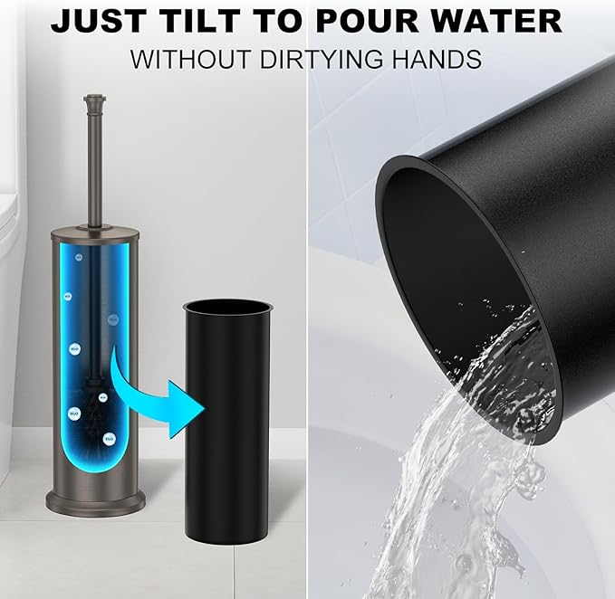 Pewter Toilet Brush and HolderExtra Long Handled Toilet Brush for BathroomStainless Steel Heavy Duty Toilet Bowl BrushRemovable Inner BowlDeep Cleaning Dense Bristles Cleaner Brush -Space Saving