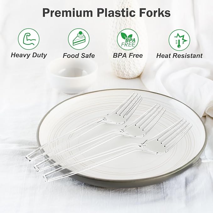 360 Count Extra Heavy Duty Clear Plastic Forks Disposable BPA-Free Heat Resistant Solid and Durable Disposable Forks Bulk Premium Plastic Forks heavy duty for Party Supply