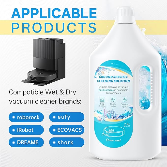 2.5L Floor Cleaning Solution Compatible with Roborock/Eufy/iRobot/Ecovacs/Dreame/Shark Fragrance Deodorization Deep Cleans for Multiple Hard Floors (2.5 Liter 【Fresh Ocean】)
