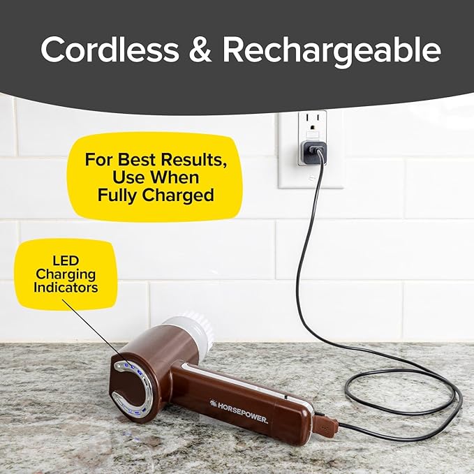 Horsepower Scrubber Waterproof Electric Power Spins 350 RPM 5 Brush Heads AS SEEN ON TV Cleans Dirt &amp Grime Tile Grout Bathrooms Kitchen Auto Rims Outdoor Furniture &amp More Recharg