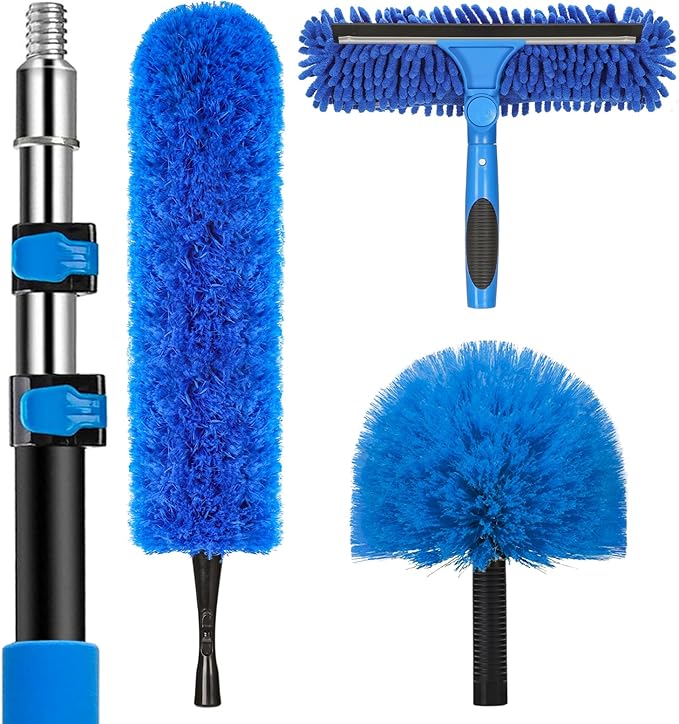 20 Feet High Reach Duster Kit with 5-12 Ft Extension Pole Cobweb Duster with Telescoping Pole Window Squeegee with Scrubber Spider Web Brush High Ceiling Fan Duster for High Window Interior Roof