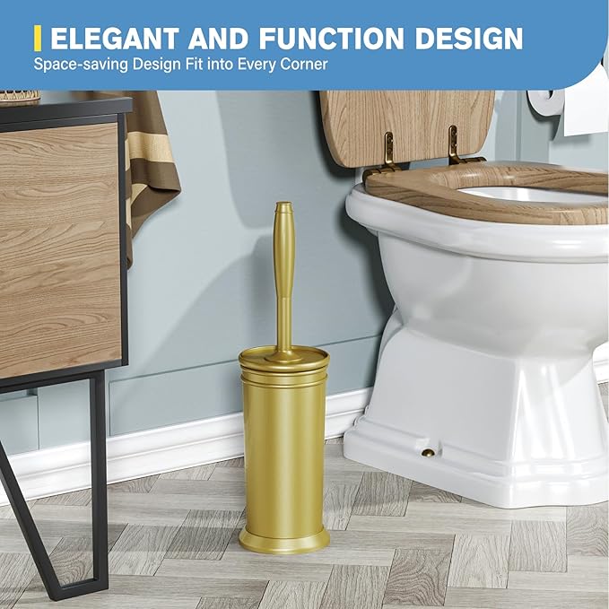 UPTRONIC Toilet Brush Aluminum Alloy Toilet Brush and Holder Set with Long Handle Durable Bristles Toilet Bowl Brush and Covered Holder for Toilet Scrubber for Bathroom Cleaning (2 Gold)
