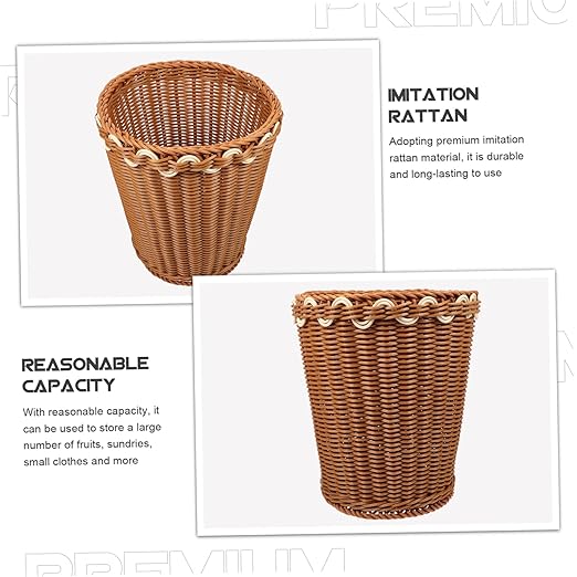 Healifty Woven Trash Can Basket Imitation Rattan Wastebasket for Bedroom and Living Room Stylish Sundries Storage Container Decorative Design for Home Organization