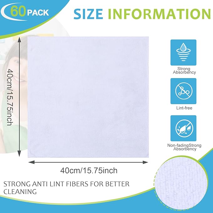 Nuenen Microfiber Cleaning Cloths for Cars 16 x 16 Inch Ultra Absorbent Car Towels Drying Reusable Cleaning Supplies House Kitchen Window Microfiber Towel(White60 Pcs)