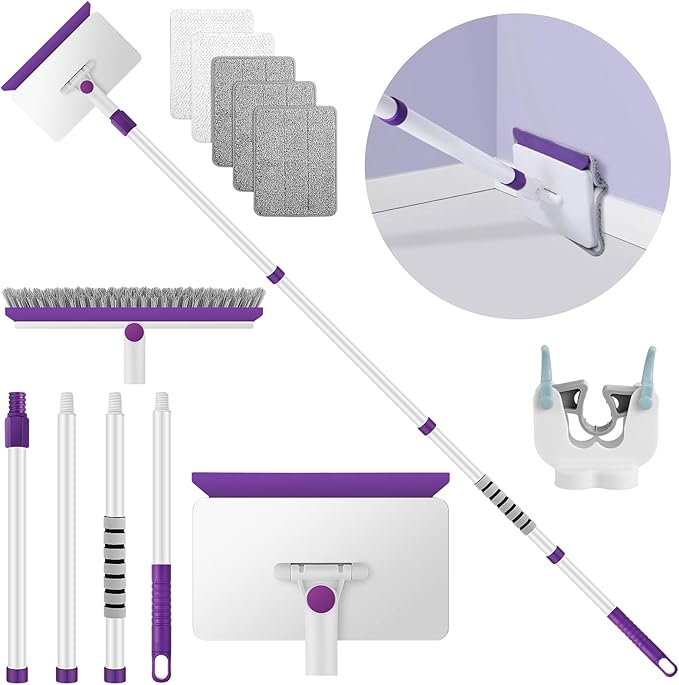 Baseboard Cleaner Tool with Handle 60 Extendable Long Handle Baseboard Cleaner with 5 Reusable Pads for Baseboards Cleaning Ceiling Wall Floor Bathroom Kitchen