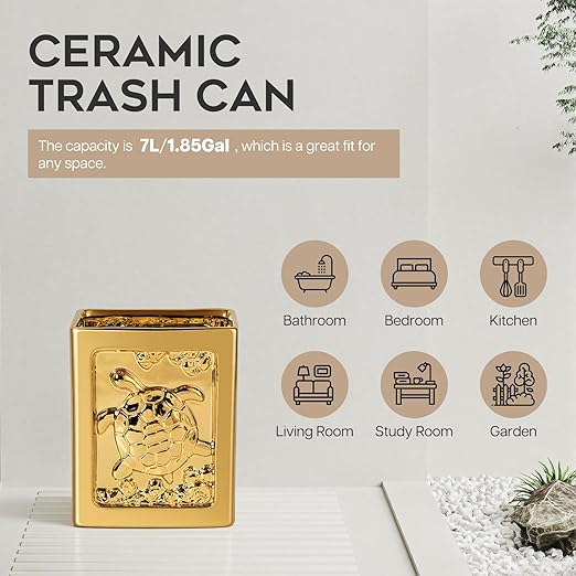 Golden Ceramic Turtle Trash Can - 7L/1.85Gallon Square Garbage Can with Turtle Relief Multi-Use Waste Basket for Kitchen Bathroom Bedroom Office Turtle Decor &amp Small Trash Bin