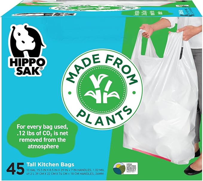 Hippo Sak - Plant Based Tall Kitchen Garbage Bags with Ergonomic Handles - 13 Gallon Trash Bags - Recyclable &amp Reduced Carbon Footprint - Super Strong and Leak Proof Tall Kitchen Trash Bags (45 Co