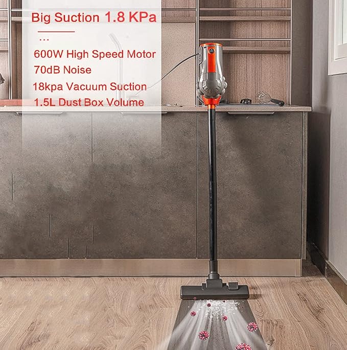 Quiet Stick Vacuum Cleaner Corded Light Weight 18000 Pa Powerful Suction Upright with HEPA Filter 600W Household Cleaners for Pet Hair Hardwood Carpet Black (AN-401)