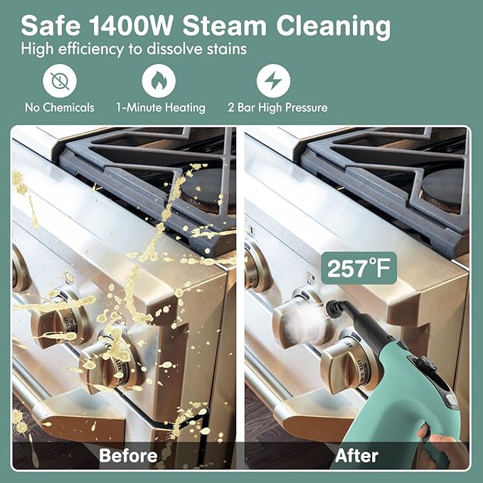 COSTWAY Handheld MultiPurpose Steam Cleaner with 17 Pieces 350ml Large Capacity Steam Mop Continuous Fill water Portable Chemical-Free Steamer for Home Use Floors Windows 1400W Green