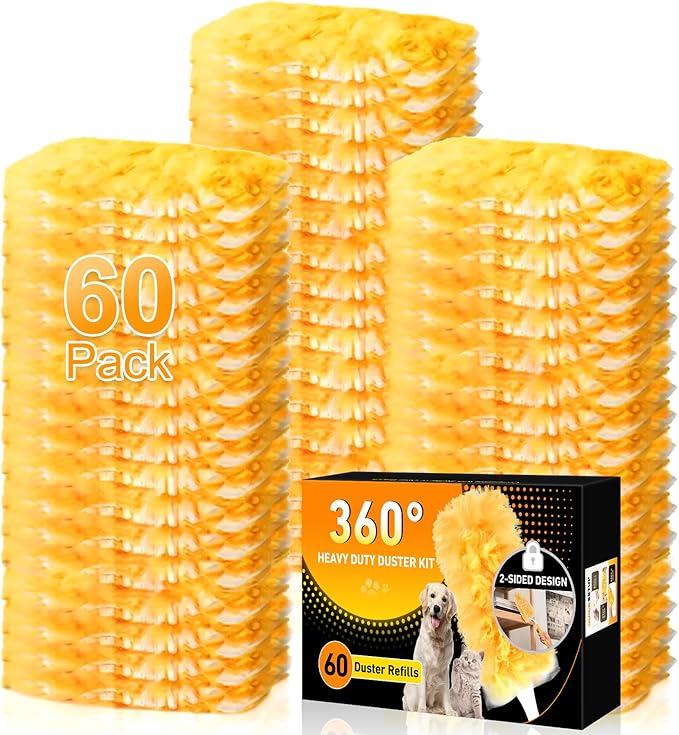 60 Count Heavy Duty Duster Refills for Swiffer Multisurface 360° Larger Size Dusters with 4X Microfibers Disposable Dusters for Pet Cleaning Home Blinds Fans Corners (60 pcs-Orange)