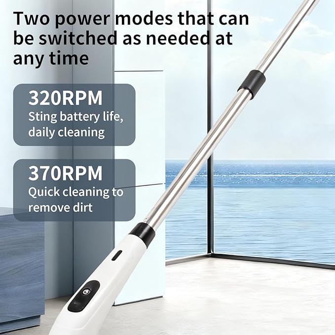 Rechargeable Electric Spin Scrubber Waterproof Power Cleaner with 7 Brush Heads1 Window Squeegee2 Speeds Adjustable Long Handle for Bathroom Floor Shower Tile &amp Kitchen Cleaning (White)