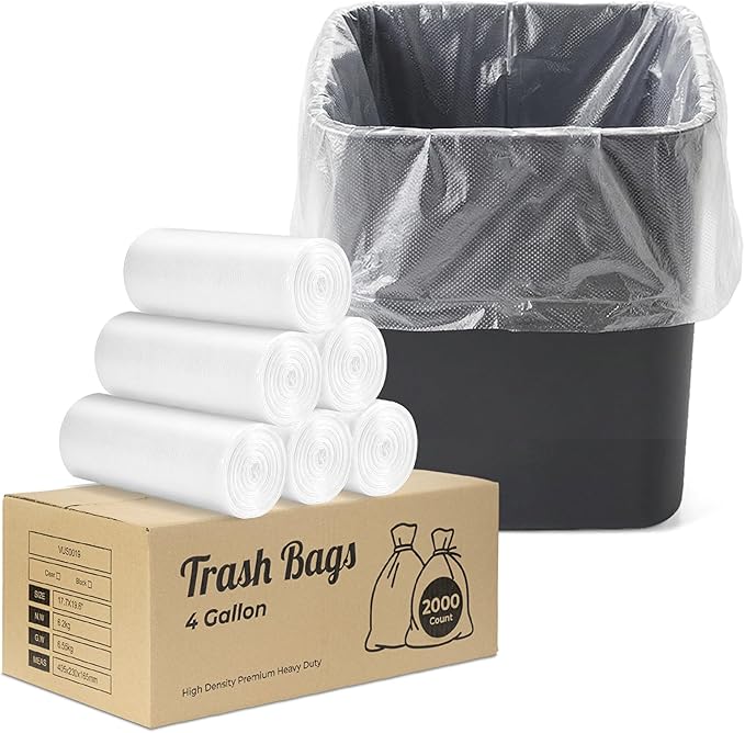 Delxo 4 Gallon Small Trash Bags 2000 Count Bulk 17.7 x 19.6 Clear Unscented Bathroom Trash Bags 0.48 Mil Thick Tear-Resistant Small Garbage Bags for Bathroom Office &amp Commercial Use