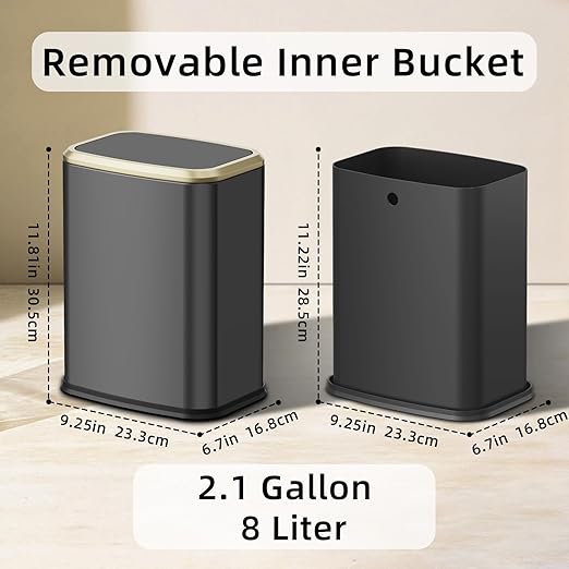 8L/2.1 Gal Small Bathroom Trash Can with Lid Swing-Top Rectangular Waste Bin Stainless Steel Garbage Can for Home Office Toilet Bedroom Living Room (Titanium Black)