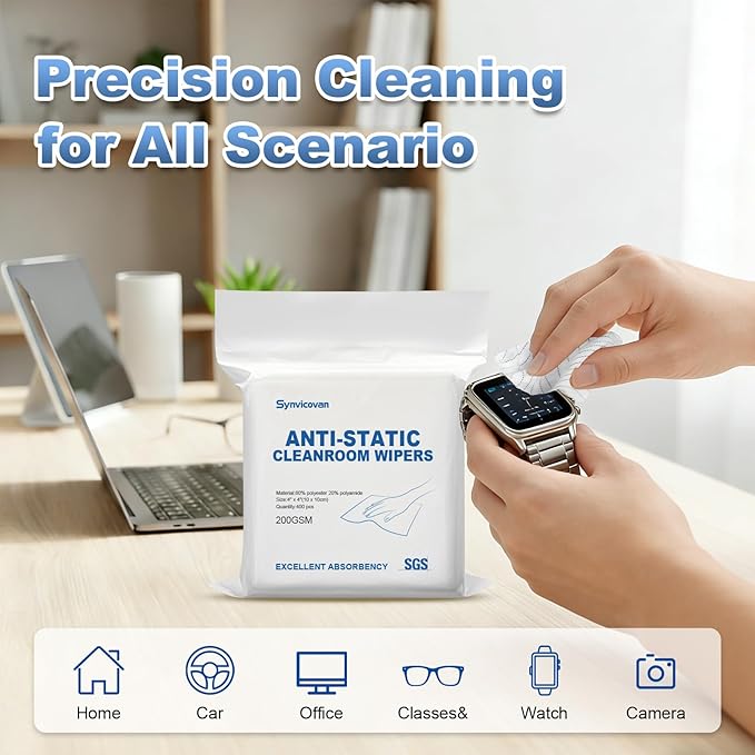 Anti-Static Microfiber Wipes 4x4(400 PcsClass 100 200GSM) Lint Free Cloths Reusable Special ESD protection design is suitable for protecting sensitive electronic components and tools