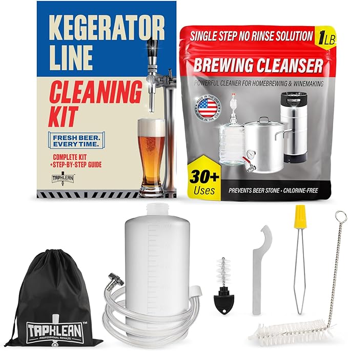 Kegerator Cleaning Kit with 1 LB Beer Line Cleaner Made in USA – 30+ Uses Complete Keg Cleaning Kit with Metal Coupler Squeeze Bottle Wrench Detailed Instructions Storage Bag &amp Beer Tap Brush