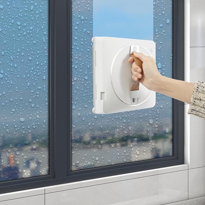 Bathrena Smart Glass Cleaning Robot White Window Cleaner Robot with 2-Way Water Spray - Remote Control 2500Pa Suction3 Smart Cleaning Paths for High-Rise WindowsFlat GlassTilesMarbles.