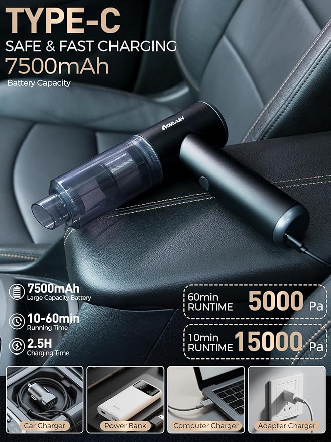 aokway Car Vacuum Portable Cordless 15000PA Powerful Suction 7500mAh 4-in-1 High Power Mini Vacuum Cleaner for Car Home PC Keyboard Desk Cleaning Small Handheld Rechargeable (Black)