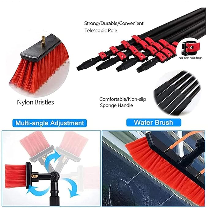 Water Fed Pole Kit Adjustable Telescopic Window Cleaning Pole with 180° Rotatable Brush Head for Outdoor Glass and Solar Panel Washing