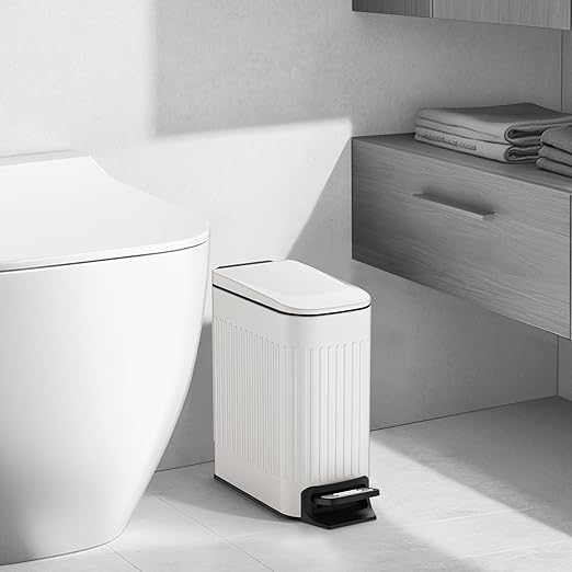 TIPGO Slim Bathroom Trash Can with Lid Soft Close Step Pedal 6 Liter / 1.6 Gallon Stainless Steel Trash Bin Small Garbage Cans for Bedroom Office Kitchen (White)