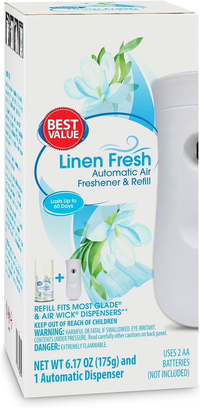 Automatic Air Freshener Spray Kit with 1 Refill Included Linen Fresh – Programmable Dispenser Odor Eliminator for Home Bathroom Office – 2 Pieces Set